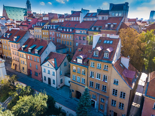 Aerial view of the red tiled roofs of the old town of Warsaw, Poland