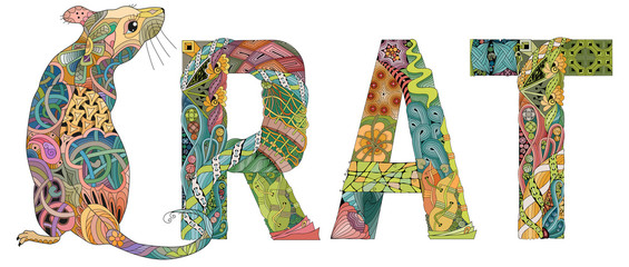 Zentangle stylized rat with word RAT. Hand Drawn lace vector illustration