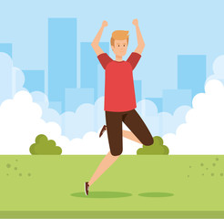 happy man jumping with blouse and short