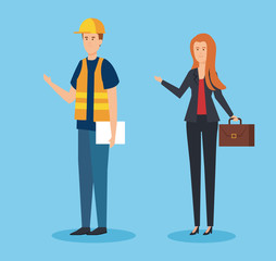 man builder and elegant businesswoman with briefcase