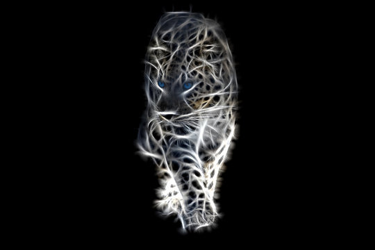 Fractal image of a walking wild leopard with blue eyes on a contrasting black background