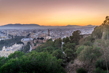 Malaga aerial view of the Alcazaba, cathedral and port