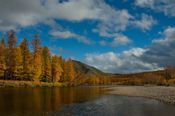 Russia. far East. The colours of autumn are cold-water rivers of Magadan.