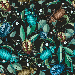 Seamless pattern with watercolor beetles ,branches and flowers