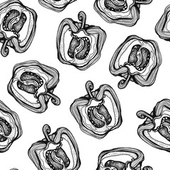 Hand drawn  seamless pattern with  black and white peppers,