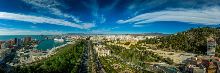 Malaga aerial view of the Alcazaba, cathedral and port - obrazy, fototapety, plakaty