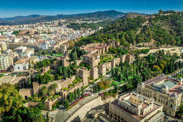 Fototapeta na wymiar Malaga aerial view of the Alcazaba, cathedral and port