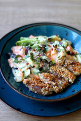 Fried chicken with sesame and zucchini and carrot salad with yoghurt sauce. Selective focus.