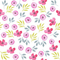 Fototapeta na wymiar Wildflowers watercolor seamless pattern. Roses and leaves print