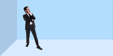 Obraz premium full length portrait of pensive bearded businessman, panoramic photo with copy space