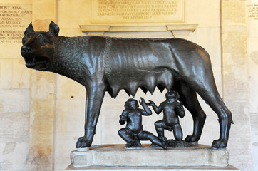 Sculpture of the mythical she-wolf suckling the infant twins Romulus and Remus. Rome, Italy