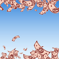 Russian ruble notes falling. Messy RUB bills on bl