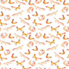 Cute orange red foxes watercolor seamless pattern on whitenavy background. Cartoon simple foxes playing, curled, jumping, sitting