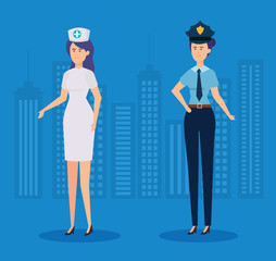 professional nurse and policewoman with cap and uniform