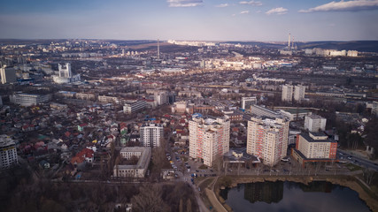 Obraz premium Aerial view of drone flying over city