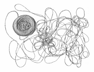 Ball of string unwound and arranged on a white background