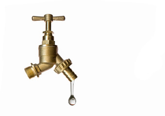 Brass tap dripping on a white background