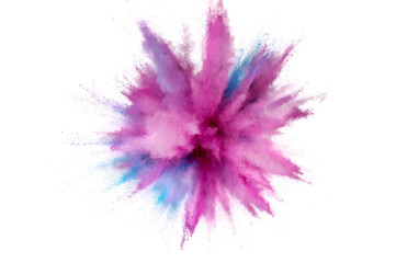 Fototapeta na wymiar Colored powder explosion on white background. Abstract closeup dust on backdrop. Colorful explode. Paint holi