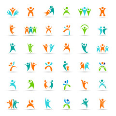 Abstract Logo Set. Human Character Figure Isolated On Gray Background. Icons Of Success, Celebration, Achievement And Activity. Vector Illustration Of People Logo, Graphic Design