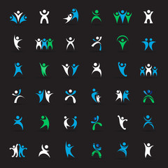 Abstract Logo Set. Human Character Figure Isolated On Black Background. Icons Of Success, Celebration, Achievement And Activity. Vector Illustration Of People Logo, Graphic Design