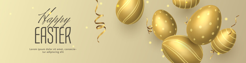 Vector luxury horizontal banner for Easter celebration with golden 3D eggs and gold realistic ribbons. Festive elegant template for greeting newsletters and holiday flyers.