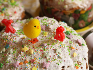 Homemade iced Easter Cakes. Traditional Kulich, Paska Easter Bread. Selective focus. Homemade family cakes. Happy Easter spring concept.