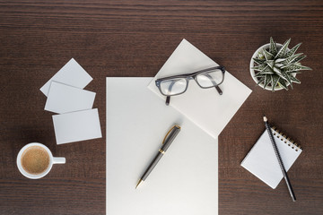 copyspace pen paper envelope glasses business card coffee cub notes pencil top view with copy space for your text. flat lay.  ,, 