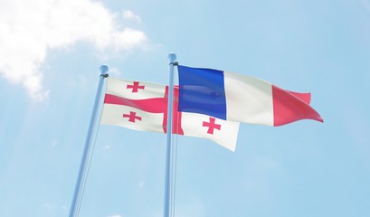 Georgia and France, two flags waving against blue sky. 3d image