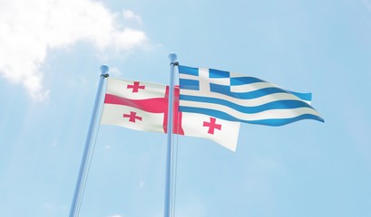 Georgia and Greece, two flags waving against blue sky. 3d image