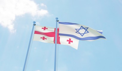 Georgia and Israel, two flags waving against blue sky. 3d image