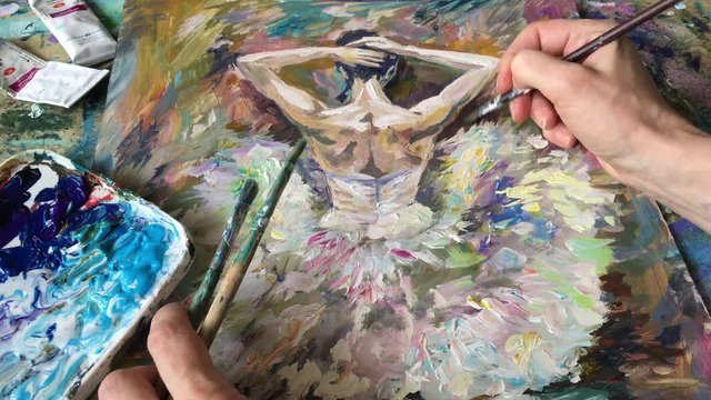 The artist draws ballet with a brush and acrylic paints. Creator makes a work of art, paint brushes and strokes