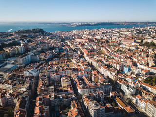 aerial view of downtown Lisbon at sunrise in a sunny day