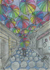 umbrella walk down the street from umbrellas. illustration, pencil,  color
