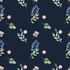 Watercolor hand painted cute wedding floral illustration seamless pattern on dark blue background