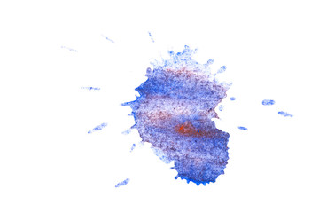 Blue watercolor stain blobs of paint spread on paper on white background.