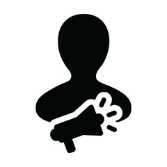 Public icon vector male person profile avatar symbol with megaphone for communication in glyph pictogram illustration