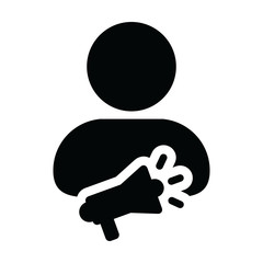 Broadcast icon vector male person profile avatar symbol with megaphone for advertising campaign in glyph pictogram illustration