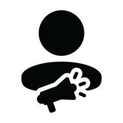 Advice icon vector male person profile avatar symbol with megaphone for promotion in glyph pictogram illustration