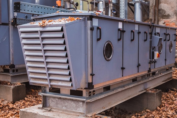 Side view of the commercial central air handling unit with cooling coil