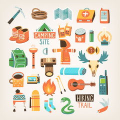 Collection of items for hiking, backpacking and traveling into the wild. Isolated vector icons.