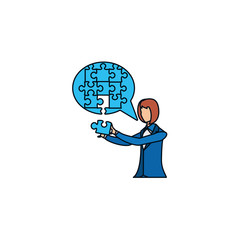 businesswoman with puzzle pieces in shape speech bubble