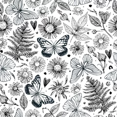 Zelfklevend Fotobehang Seamless pattern with butterflies and floral elements. Freehand drawing. Can be used on packaging paper, fabric, background for different images and etc. © Xenia