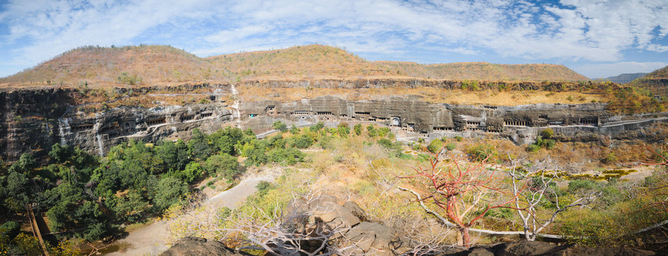Panorama of touristic attraction Ajanta buddhist temples and caves in Deccan Plateau, Maharashtra state, India