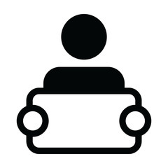 Announcement icon vector male person profile avatar symbol with signboard for advertising campaign in glyph pictogram illustration