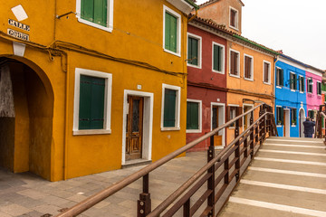 Italy, Venice, Burano, view and architectural details of the typical colored houses.