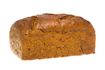 A traditional black square loaf of bread is isolated on a white background. bread isolated on a white background.