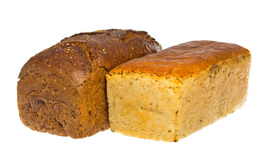 A traditional white and black square bread loaves is isolated on a white background. two loaves of bread isolated on a white background.