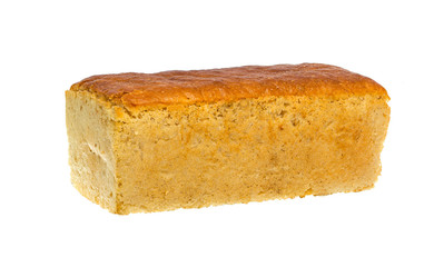 A traditional white square loaf of bread is isolated on a white background. bread isolated on a white background.