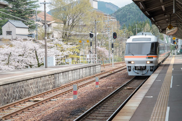 The train is coming to platform at Gero Station. Many tourist come here for sightseeing Sakura  in Gero, Japan - 258396925