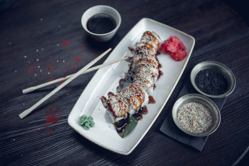 sushi with sesame and soy sauce